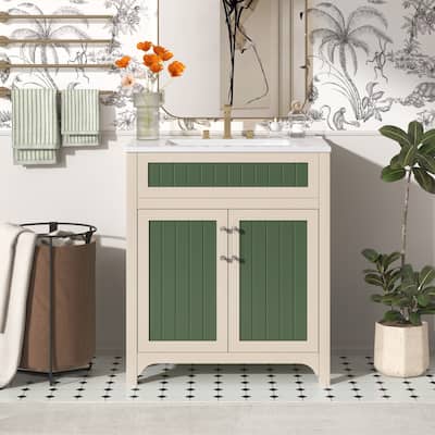 30'' Bathroom Vanity Cabinet with Ceramic Sink Combo Set, Solid Wood Frame Bathroom Storage Cabinet with Height Adjustable Shelf