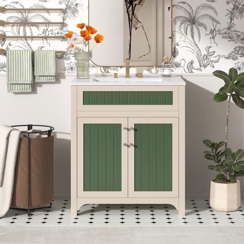 Bathroom Vanity with Sink Combo Set, Bathroom Storage Cabinet with Height Adjustable Shelf, Vanity Set with Ceramic Sink - Beige,Green