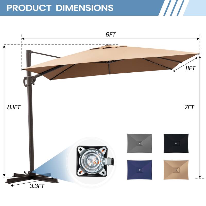 11 x 9 FT Aluminum Outdoor Patio Offset Cantilever Umbrella with Base
