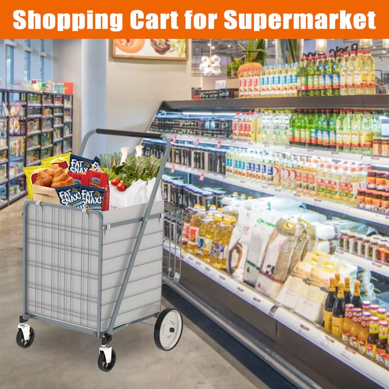 Foldable Grocery Shopping Cart with Double Basket and 360 Rolling Swivel Wheels