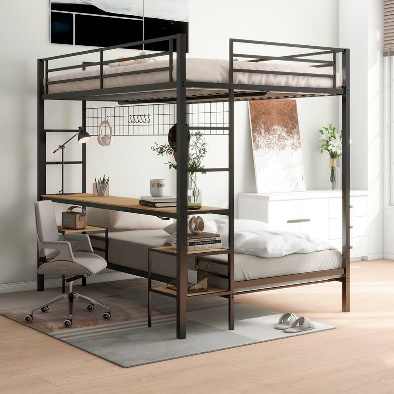 Full Over Twin Bunk Bed with Desk and Charging Station and Storage Shelves and Metal Wire Mesh Panel with Hooks,Guard & Stairs