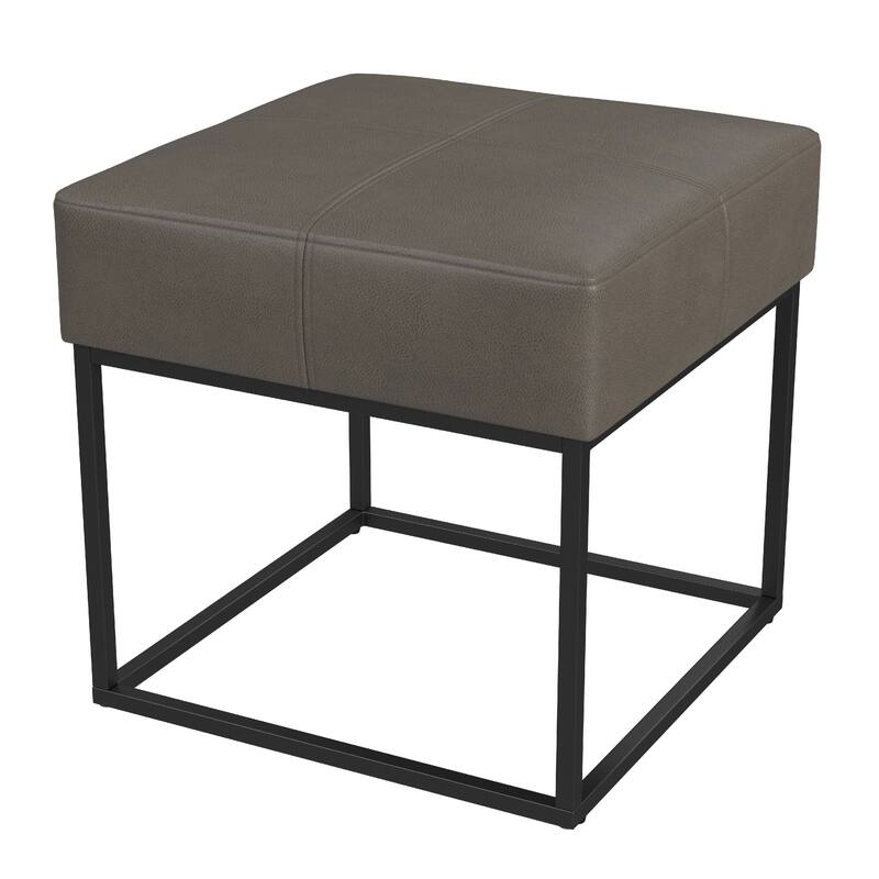 Kai Ottoman Footstool, Gray Faux Leather, Black Metal, 18 Inch Square