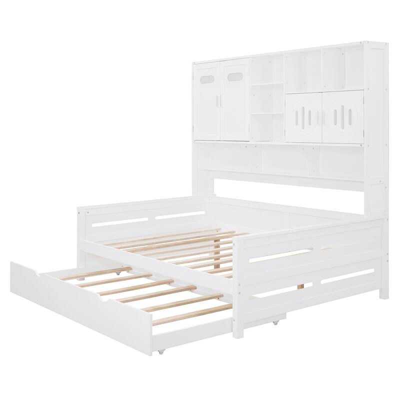 Space-Saving Full Size Daybed with Twin Trundle, Wooden Platform Bed Frame with All-in-One Cabinet & Shelf, No Box Spring Needed