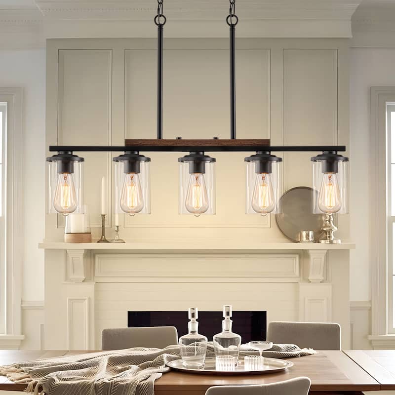 Starsky Modern Farmhouse Chandelier Linear Kitchen Island Light with Cylindrical Glass Shade - 5-Light