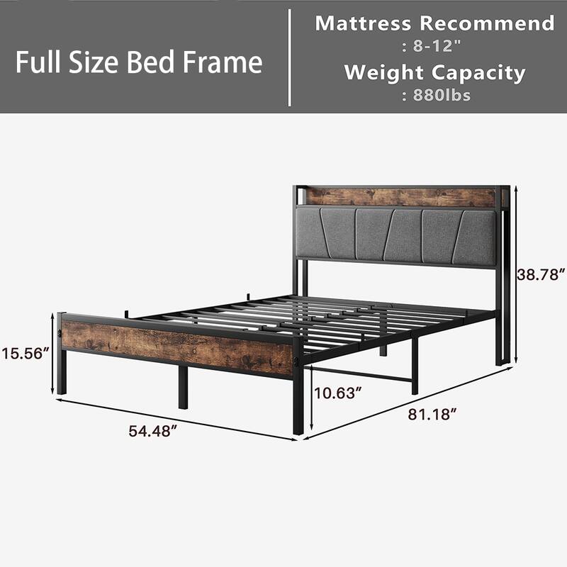 Bed Frames, Storage Headboard with Outlets, No Box Springs Needed