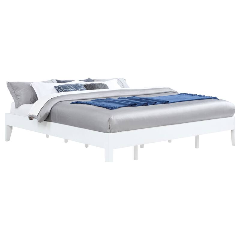 Universal White Eastern King Platform Bed with Slatted Frame and Customizable Headboard