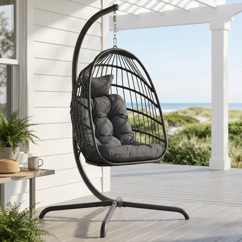 Oversized Wicker Hanging Egg Chair with Stand, Outdoor Indoor Swing Chair with Cushion, 350 lb Capacity - Dark Grey