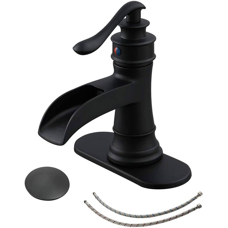 Waterfall Bathroom Faucet With Drain Assembly Single Handle Bathroon Sink Faucets One Hole Modern Basin Taps With Deck Plate - Matte Black