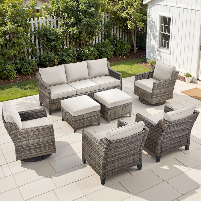 Pocassy Outdoor Patio Furniture Wicker Sofa Swivel Chair Set - Grey Wicker Beige Cushion - 7 Pieces Sofa Chair with Ottoman