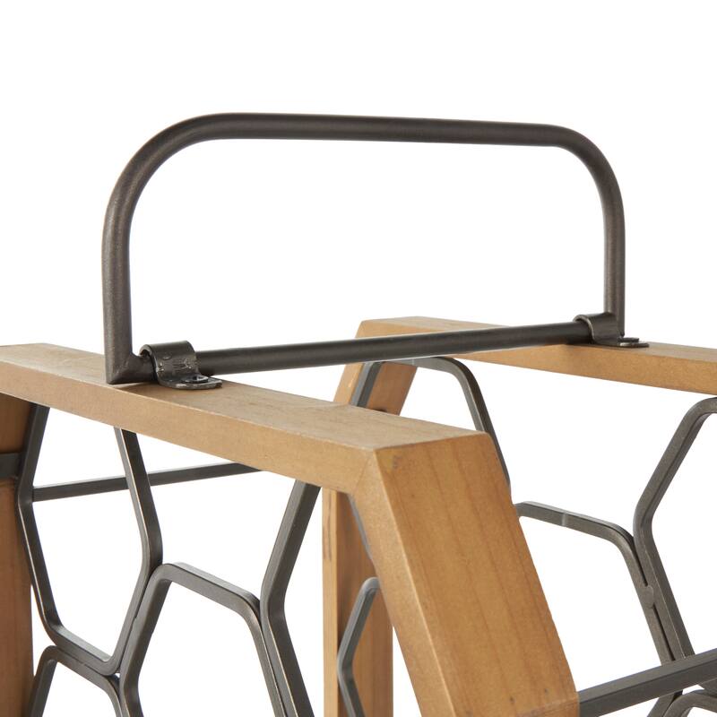 Brown Wood 11 or 8 Slot Geometric Wine Rack with Gray Metal Curved teardrop or Hexagon Holders