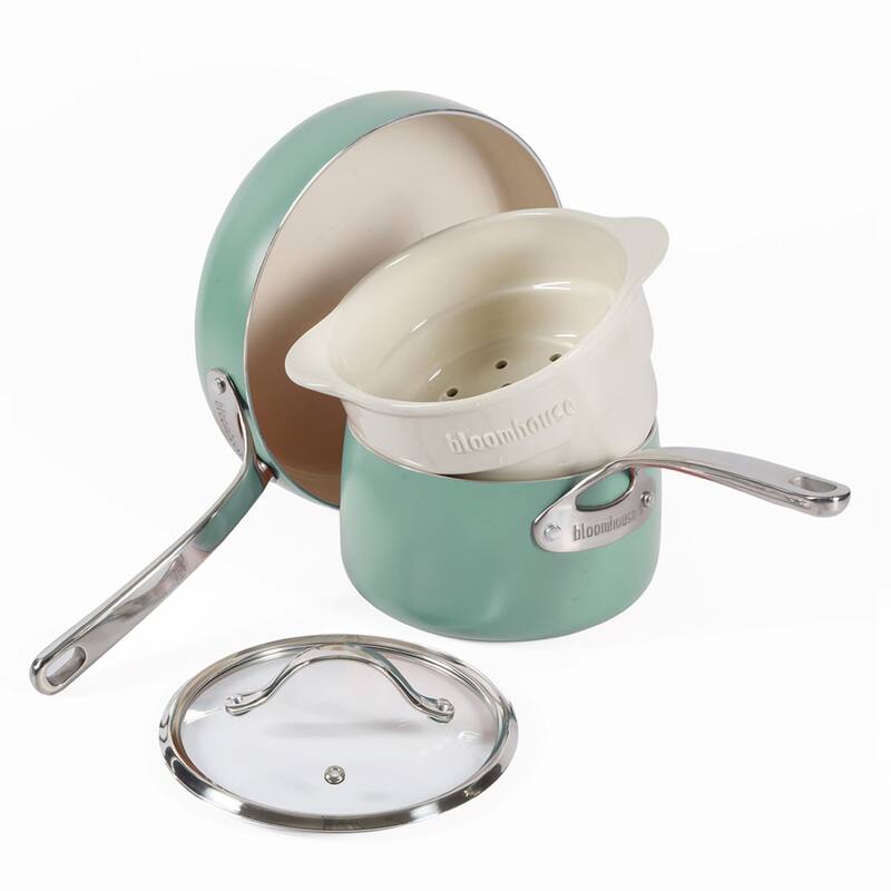 Bloomhouse 4-Piece Aluminum Cookware Set w/ Non-Stick Non-Toxic Ceramic Interior and Ceramic Steamer Insert - Green