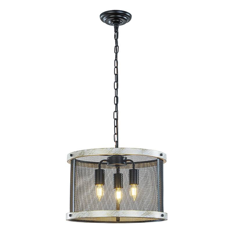 3-Light 16" Black Mesh And Weathered White Wood Frame Rustic Farmhouse Industrial Drum Chandelier Pendant Dining Room - W16'' - W16'' - Matte Black/Weathered White Wood