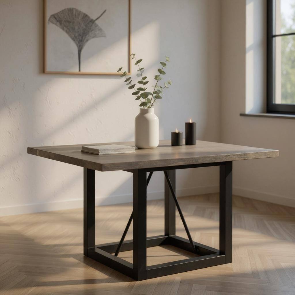 HomeRoots 72" Dark Brown and Black Solid Wood And Iron Frame Base Square Dining Table - 72.00 in. x 30.50 in. x 72.00 in.