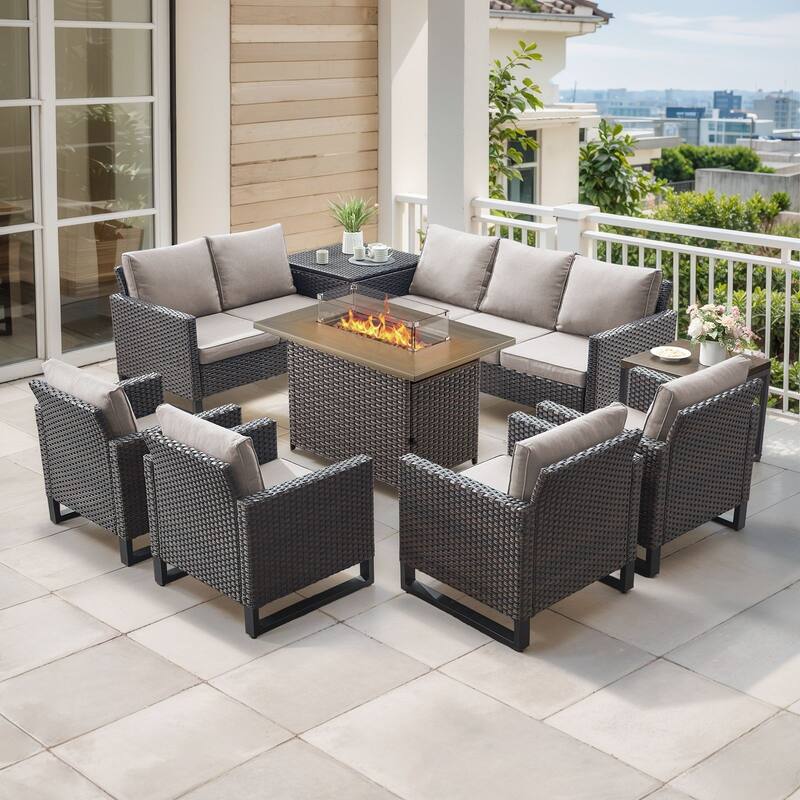 Gymojoy 9 Piece All-Weather Wicker Outdoor Patio Family Conversation Set Group With Fire Pit Table