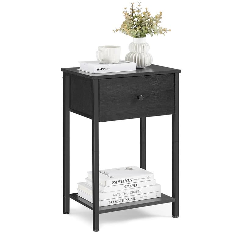 Nightstand, Side Table with Fabric Drawer - Black