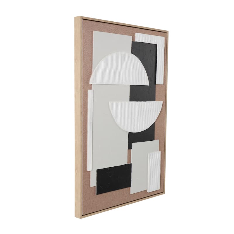 Brown Wooden Textured Geometric Framed Wall Art with Abstract Black and White Shapes and Fabric Backing