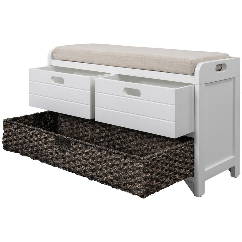 Grondin Retro Framhouse Style Entry Storage Shoe Bench with Padded Cushion, 2 Drawers and Removable Basket