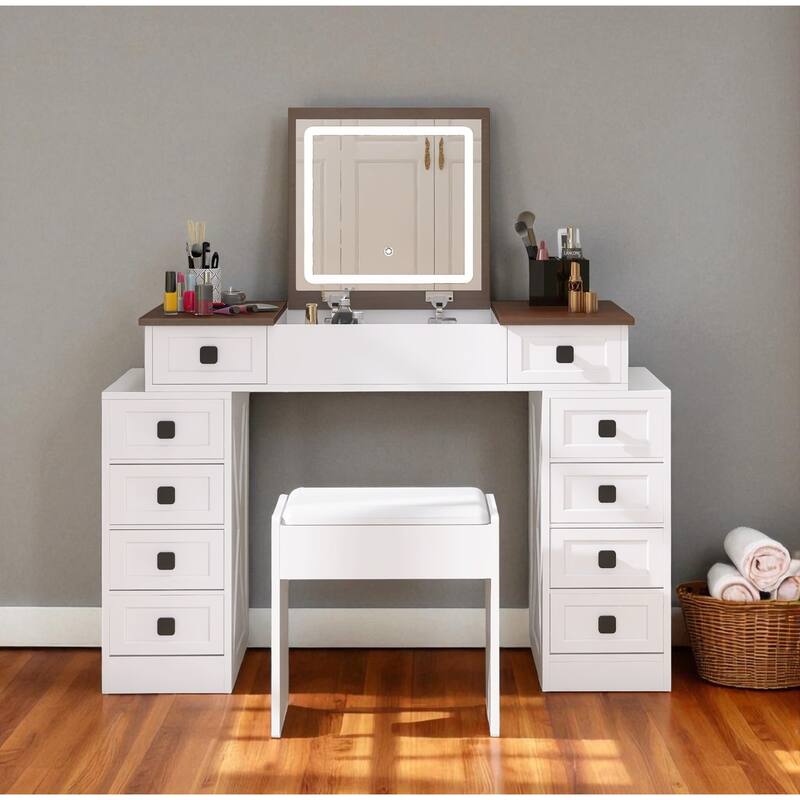 Vanity Desk with Flip-Up Mirror, 10 Drawers & Dimmable LED Lights, Makeup Table Set with Stool - White Walnut