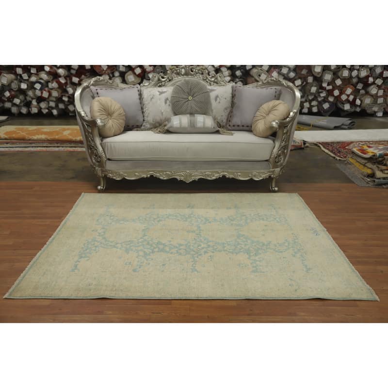 Hand Knotted Oriental 100% Wool Carpet Traditional Floral Navy Blue & Blues Ziegler Area Rug - 6' 6'' X 5' 4''