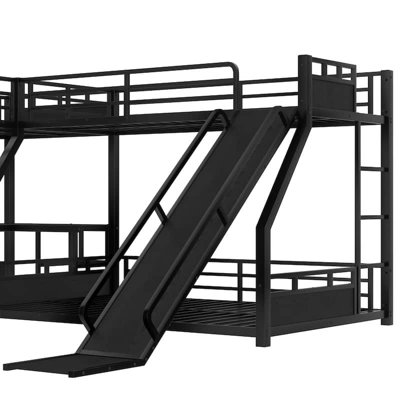 L-shaped Triple Bunk Bed with Loft Bed and Bunk Bed, Metal Storage Bed Frame with Integrated Desk, Open Shelves and Slide