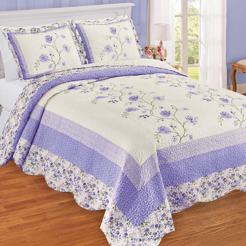 Floral Embroidered Scalloped Edge Quilted Bedspread - Lavender - King