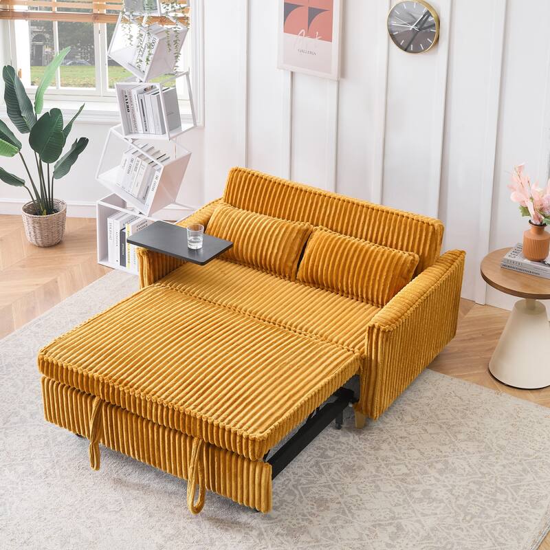 The pull-out and push-in green corduroy sofa with dual functions,equipped with a movable tabletop and USB ports - Yellow