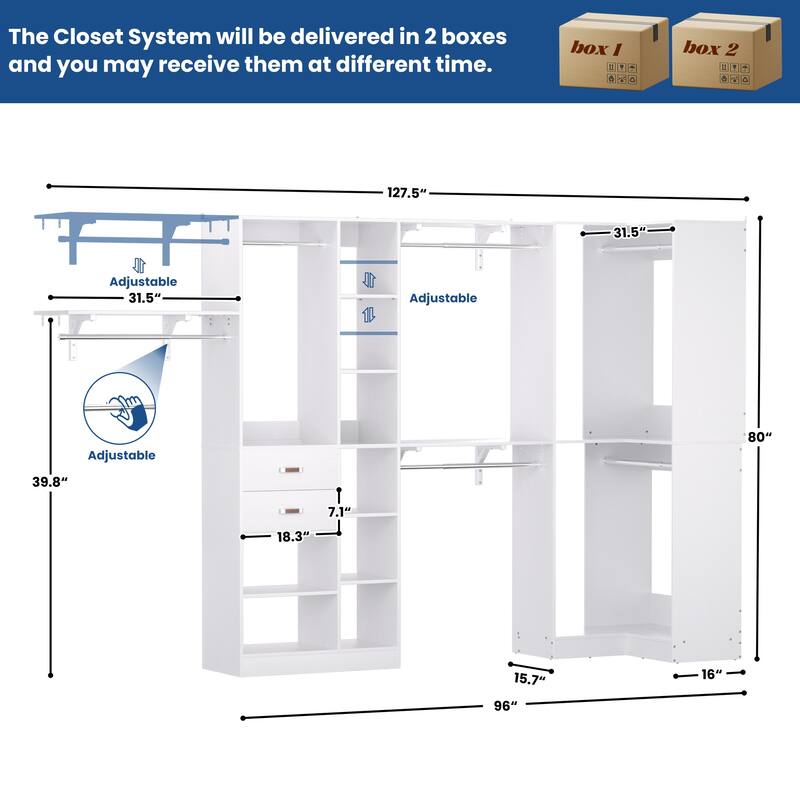 Rackcog 63’‘ - 127.5'' Closet System with Hanging Rods, Set of 2 Corner Closet Organizer with Drawers and Shelves