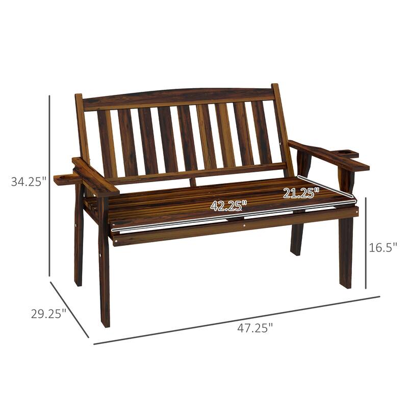 Outdoor Two-Seater Wood Bench with Cupholder Armrests, Slatted Seat & Backrest