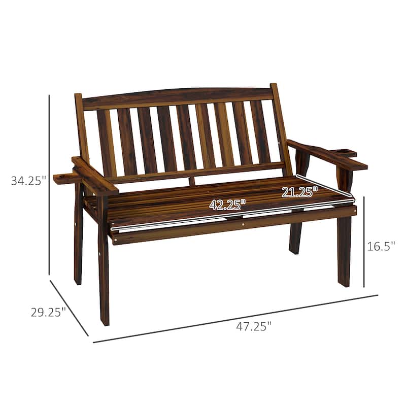 Wood Outdoor Bench, 2-Person Garden Bench With Cupholder Armrests