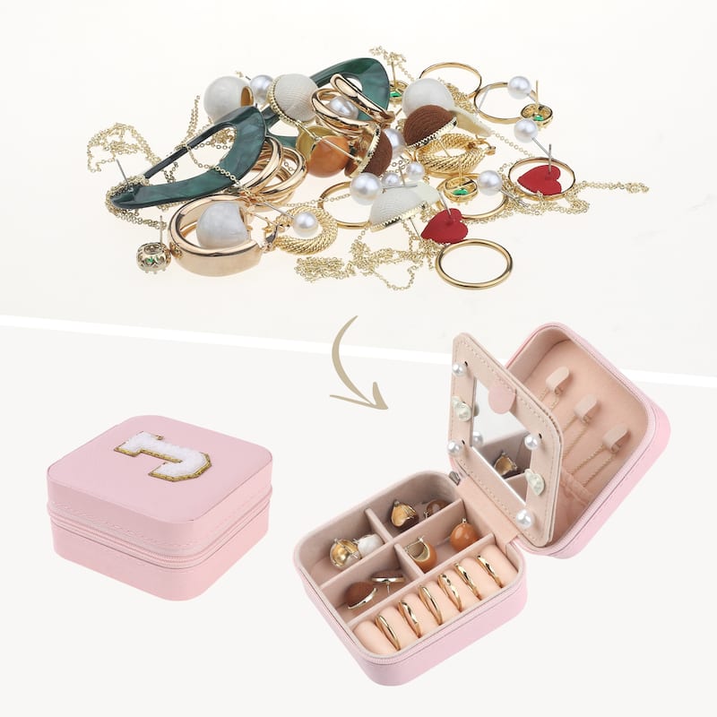 Travel Jewelry Box with Mirror for Women Girls Gifts, Mini Portable PU Leather Jewelry Organizer Case Storage Display Holder - J
