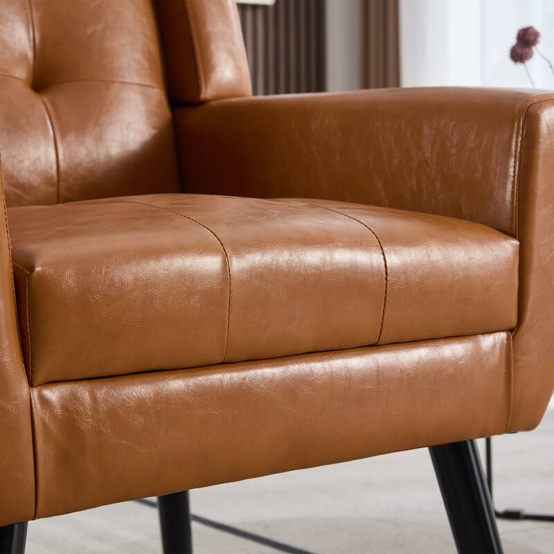 PU Ergonomic Accent Chair with Curved Back and Black Wood Legs, 250lb Capacity