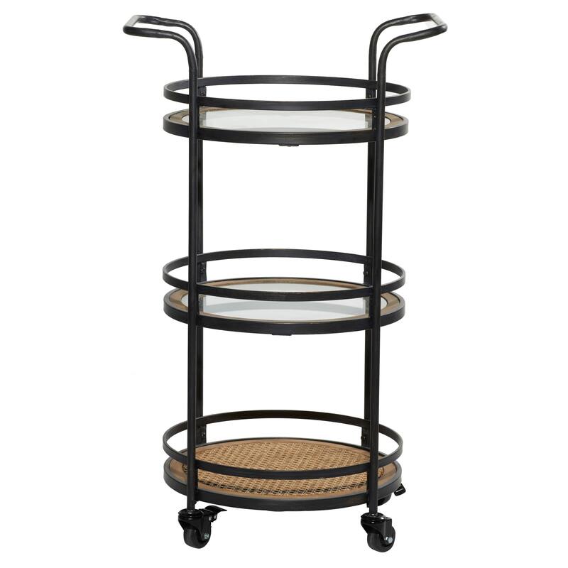 Metal Rolling 1 Rattan and 2 Glass Shelves Bar Cart with Handles - Brown - Roche River Decor - 16"Wx21"Lx35"H