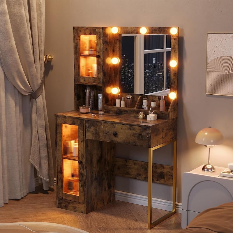 Vanity Desk, Makeup Dressing Table with LED Lights, Mirror, Built-in Outlets & USB Ports - Brown