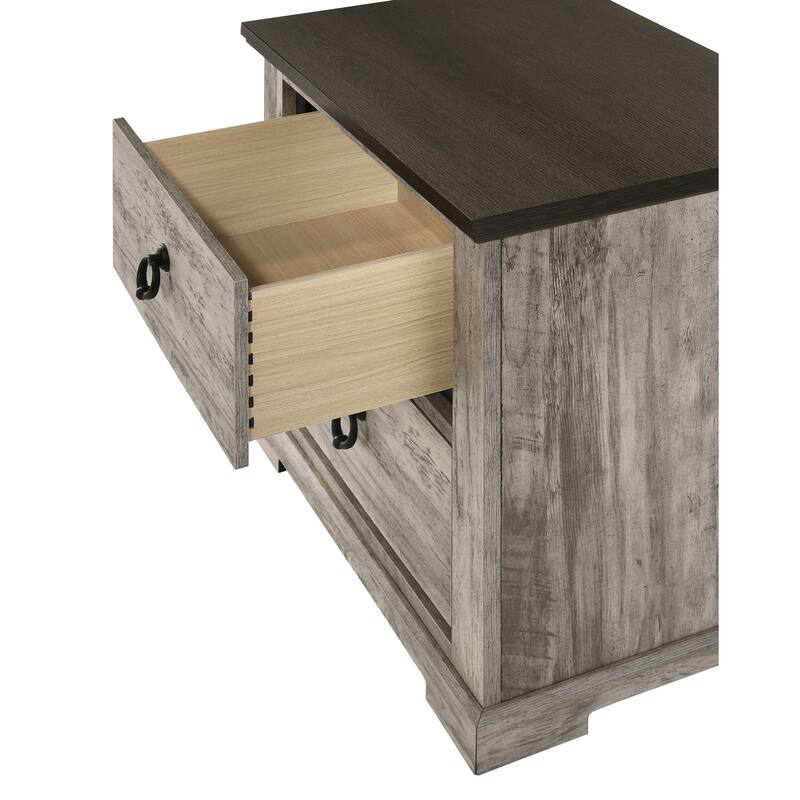 Rustic Gray Two-Tone 2-Drawer Nightstand with Metal Knobs, Contemporary Bedroom Furniture