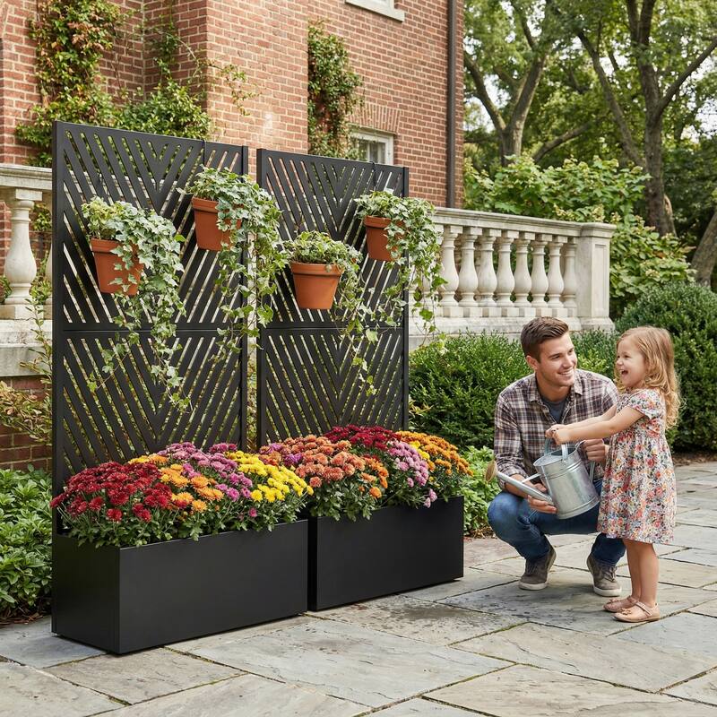 Outdoor Planters Metal Planter Box with Trellis with Wheels(Set of 2)