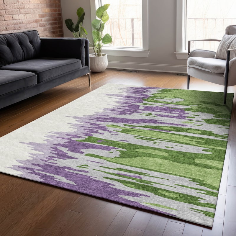 Machine Washable Indoor/ Outdoor Brushstrokes Ombre Chantille Rug - Green - 9' x 12'