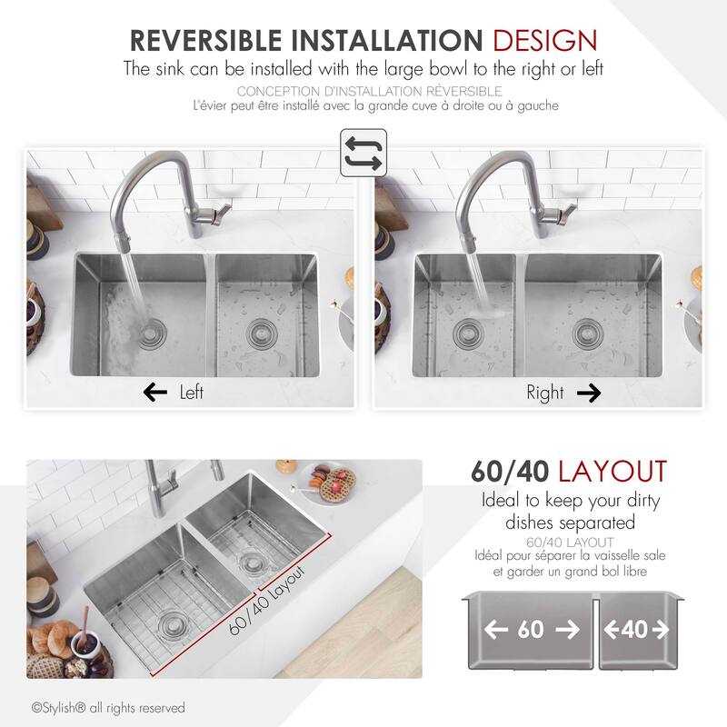 Undermount 33" Double-Bowl Stainless Steel Kitchen Sink S-322XG - 33" x 18" x 10"