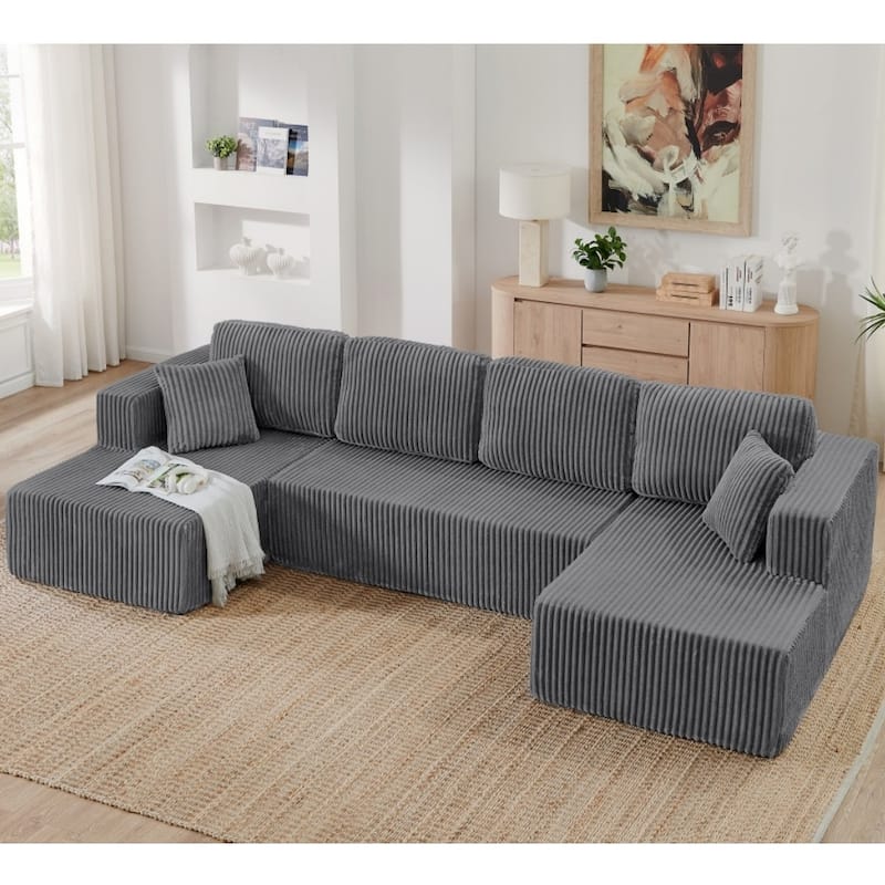 132.48" U-shaped Modular Square Armrests Sectional Sofa with 2 Pillows - Grey