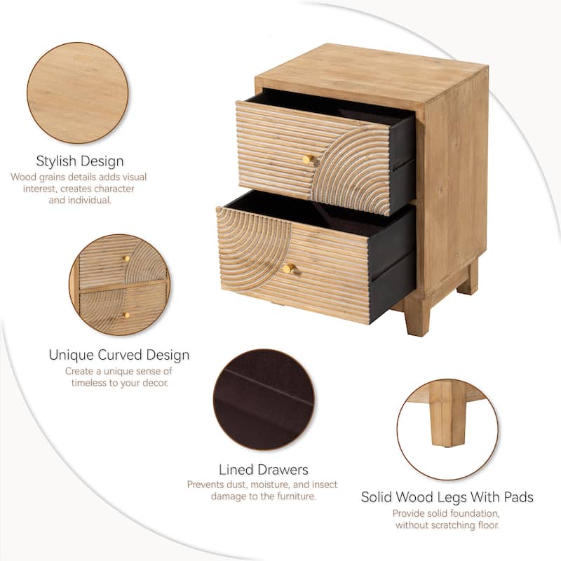 COZAYH 3-Drawer Farmhouse Dresser with Handicraft Wood Ring Motif, Rustic Nightstand Wooden Finish, Boho, Natural Wood