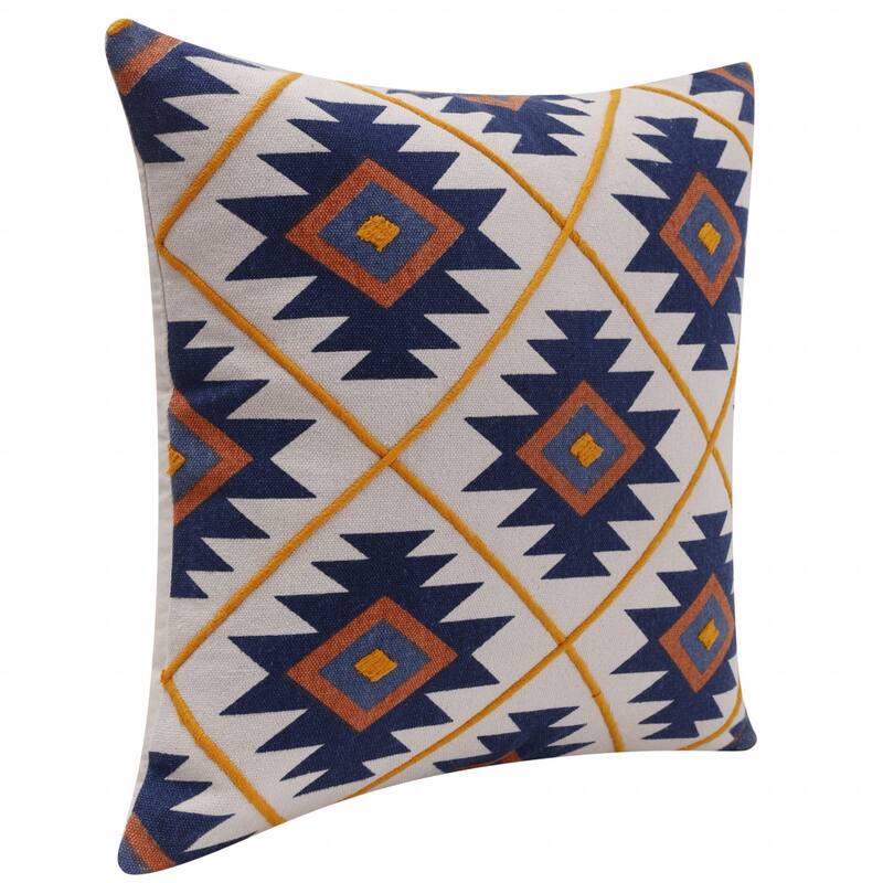 HomeRoots 20" X 20" Blue 100% Cotton Geometric Zippered Pillow
