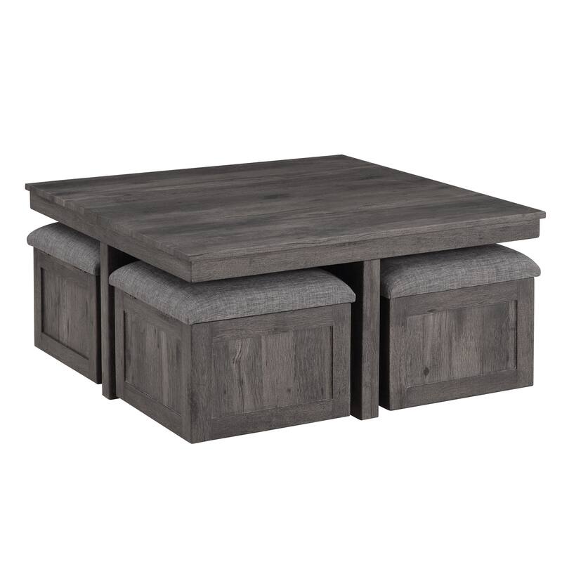 Wood Coffee Table Set with Storage Stools