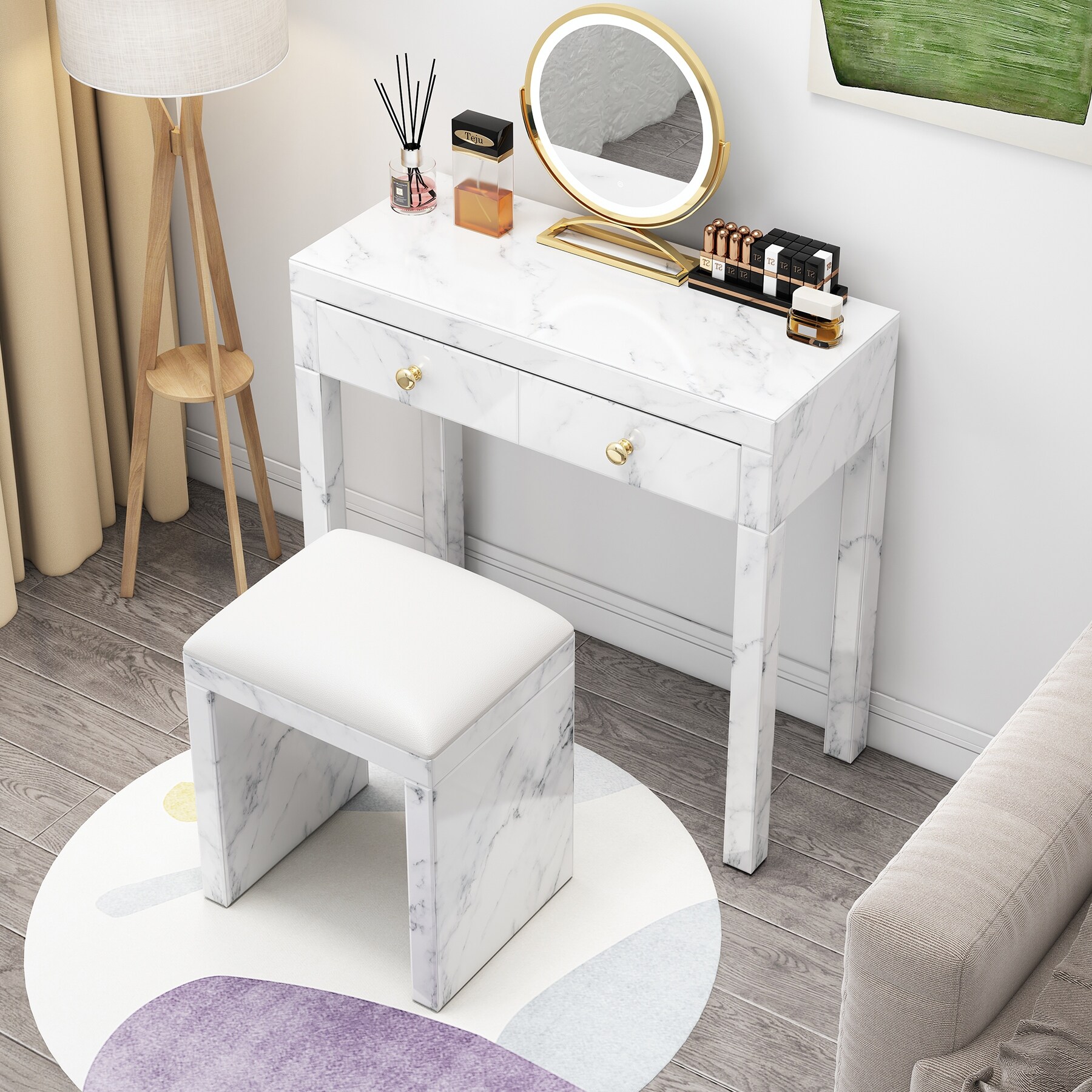 White Vanity Set Tempered Glass Dressing Table with Stool for