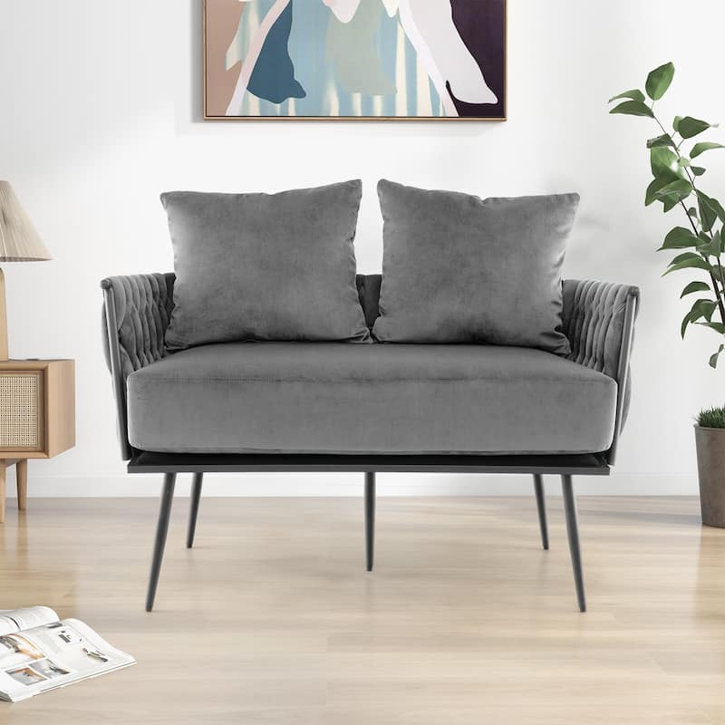 Dutch Velvet Woven Loveseat Sofa with Metal Legs and 2 Cushioned Pillows - 43” x 24” x 25.5”