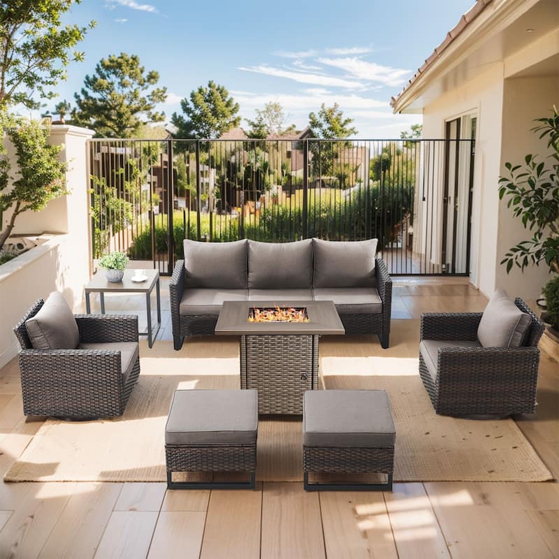 Outdoor Pocassy Sofa Chairs Set with Fire Table - Brown Wicker Grey Cushion - 7 Pieces