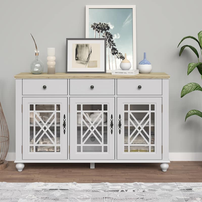 55" Vintage Style Kitchen Accent Buffet Sideboard Cabinet w/ Drawers - 55" in Width - Grayish-white
