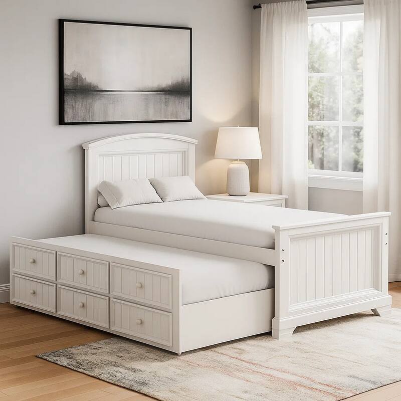 Toli Twin Captain Bed w Trundle, Drawers, White Curved Panel Headboard