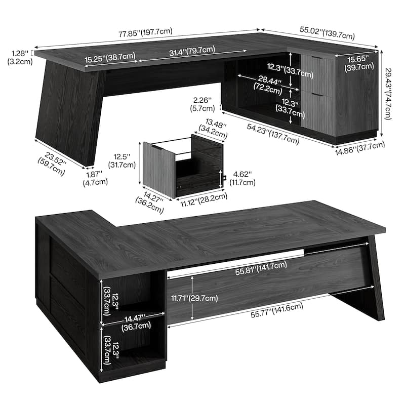 78" L-Shaped Executive Desk with File Cabinet & Shelves, Home Office