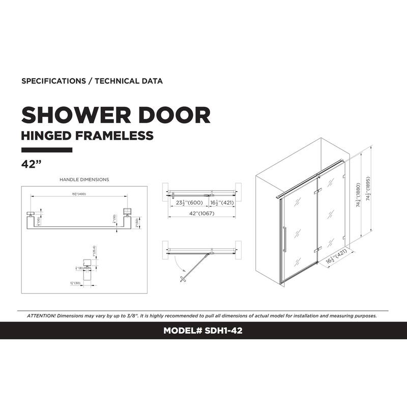 Fine Fixtures Hinged Clear Frameless Glass Shower Door Enclosure