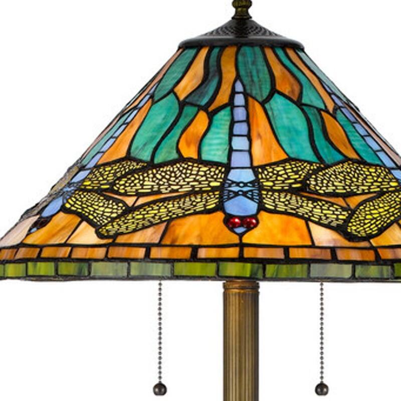 63" Brass Two Light Traditional Floor Lamp with Blue Orange Tiffany Glass - 17.50" x 17.50" x 62.50"