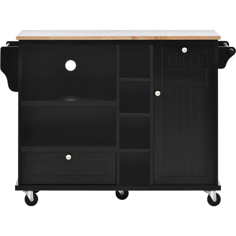 Kitchen Island with Solid Wood Desktop, Kitchen Island Cart on Locking Wheels, Rolling Island Cart with Cabinets & Drawers